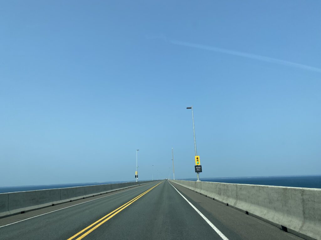 - View of the road of Confederation Bridge, picture taken from inside the car