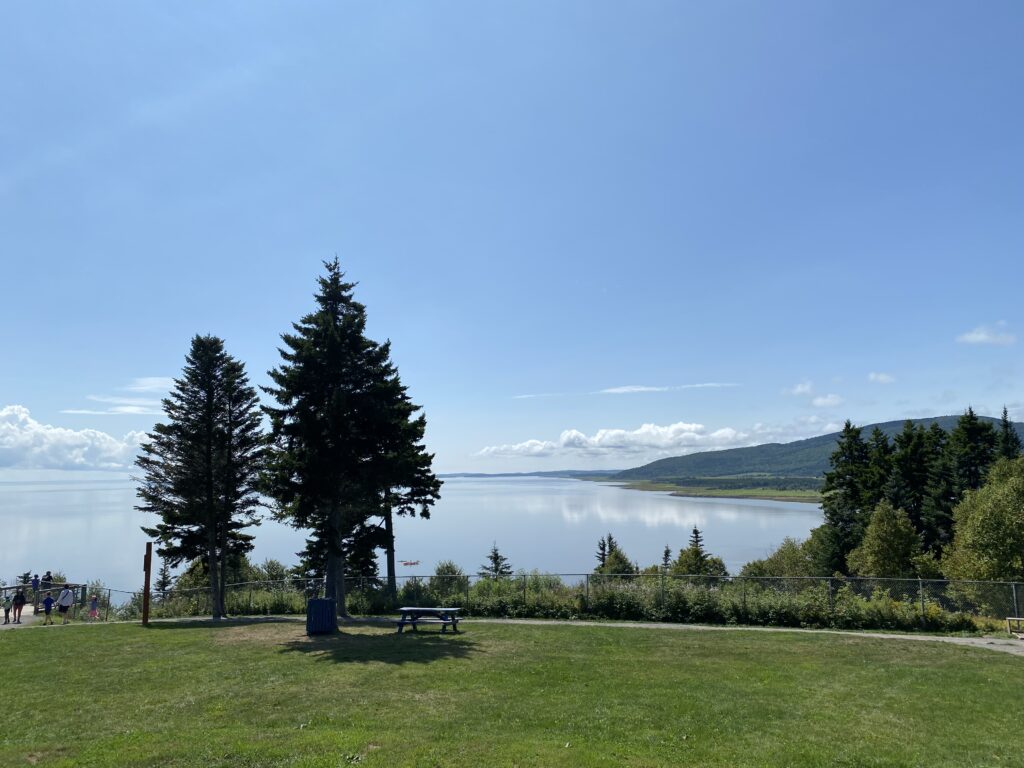 Overview part of Bay of Fundy from inside High Tidal Restaurant patio at Hopewell Rocks