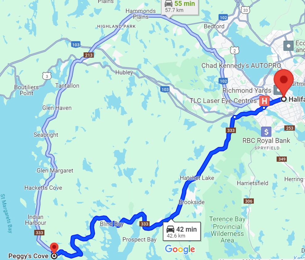 Google Maps, from Halifax to Peggy's Cove